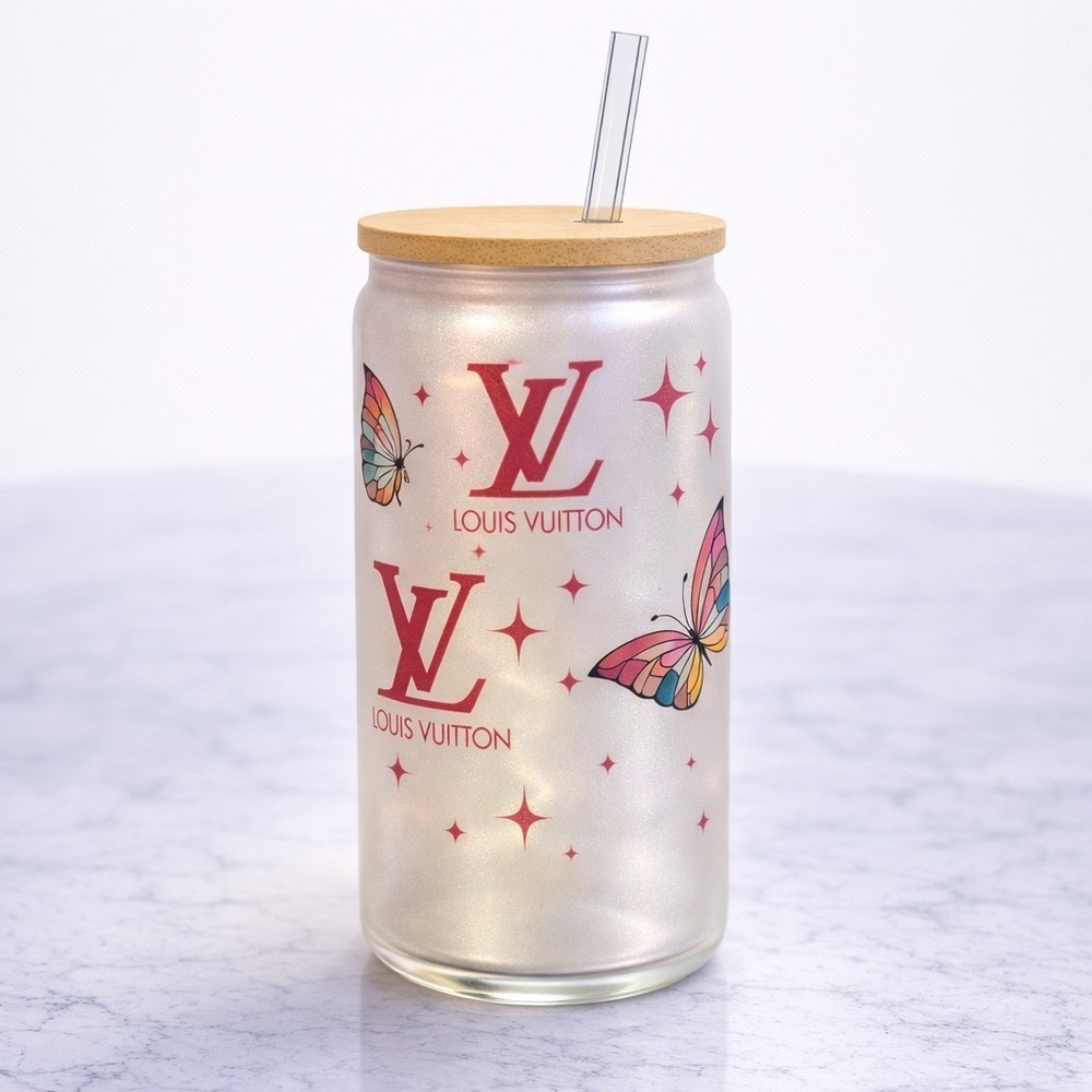 Handmade Butterfly Shimmer 16 oz Glass Tumbler with Straw